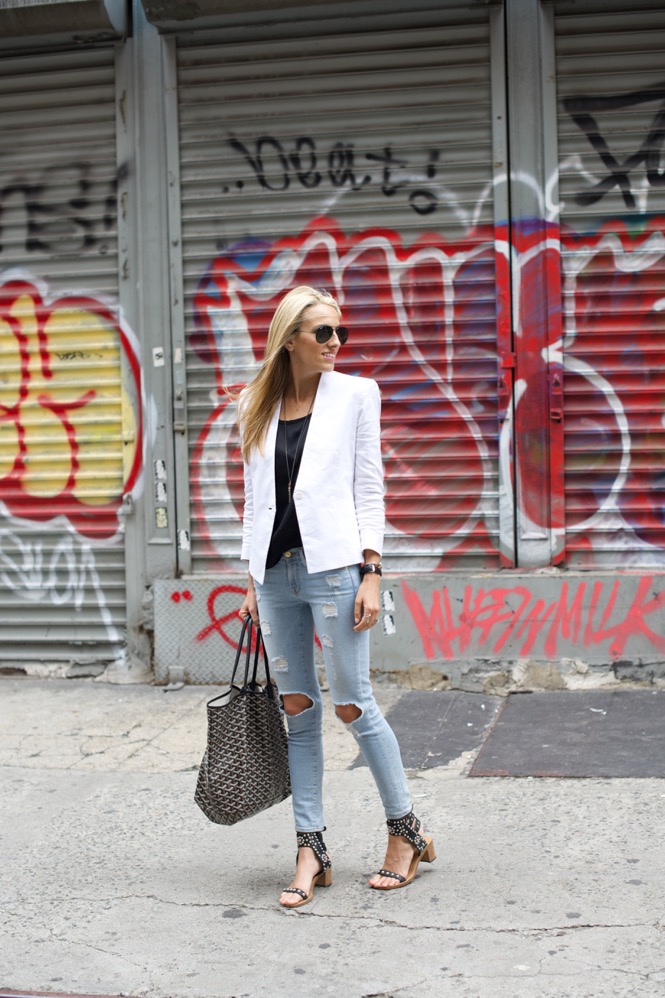 White Blazer and Ripped Jeans in Soho - Lisa D CahueLisa D Cahue