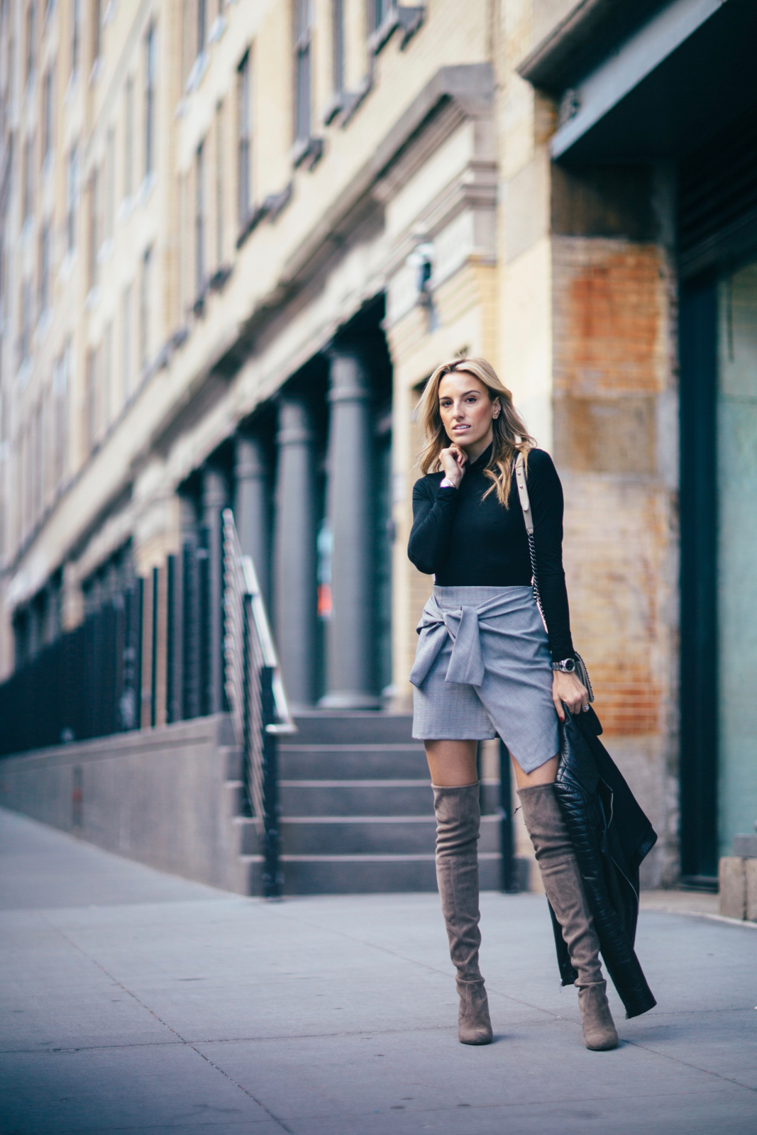 Fall Outfit Inspo in a Knot Front Skirt & OTK Boots - Mind Body ...