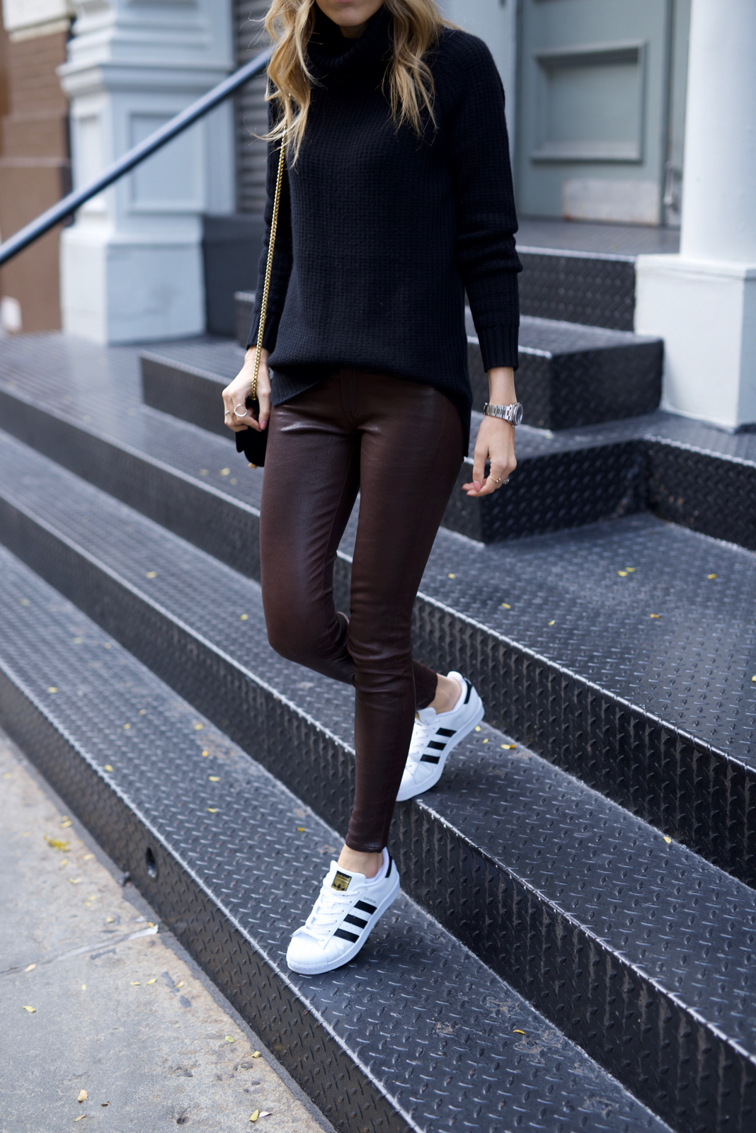 Sporty Chic in Leather Pants & Adidas Superstar Sneakers - Lisa D ...