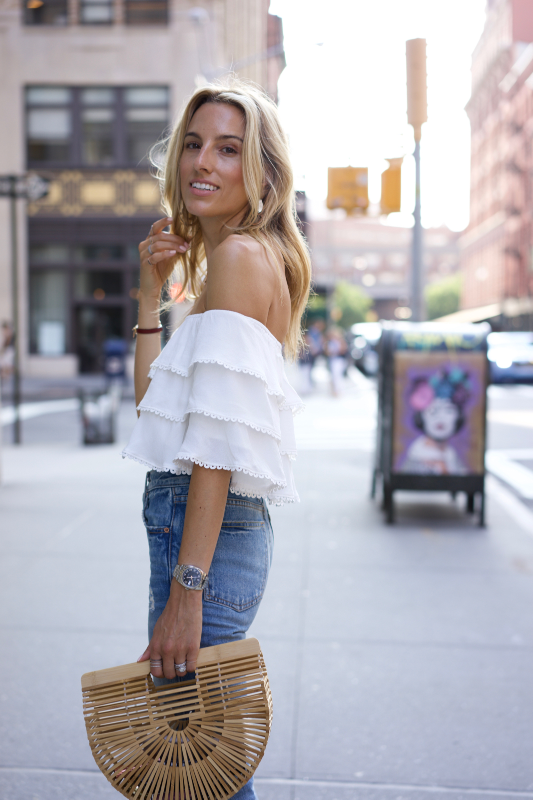 Off the Shoulder top, Ripped Jeans & a Pop of Pink in Nolita - Lisa D ...